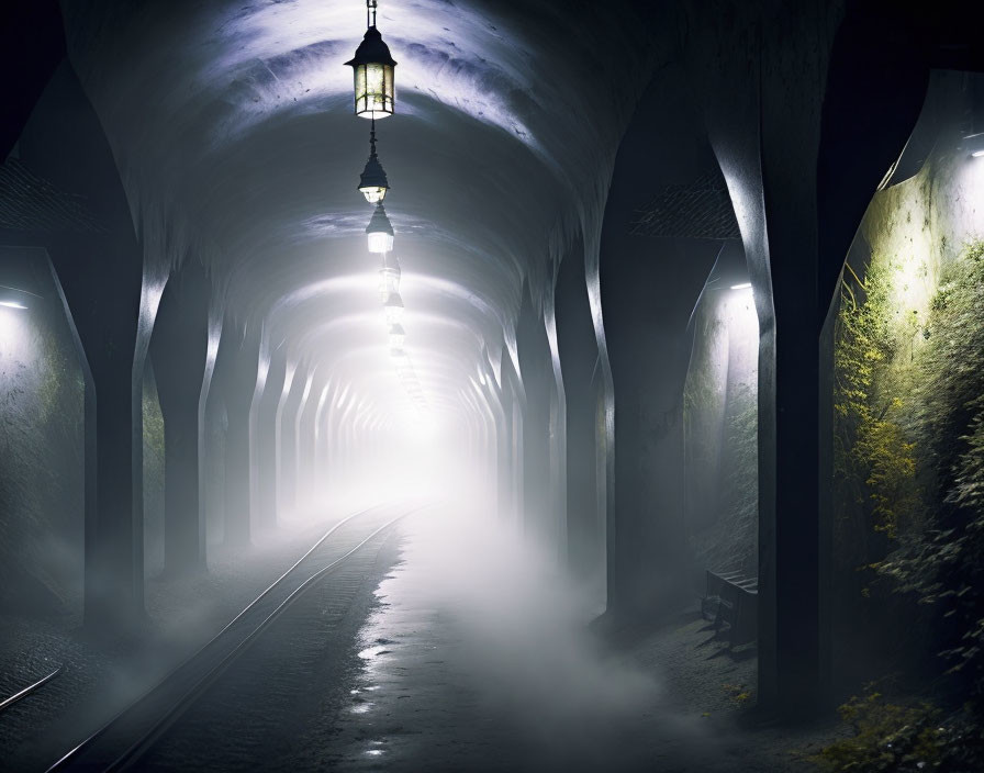 Misty tunnel with hanging lanterns and overgrown foliage on railway tracks