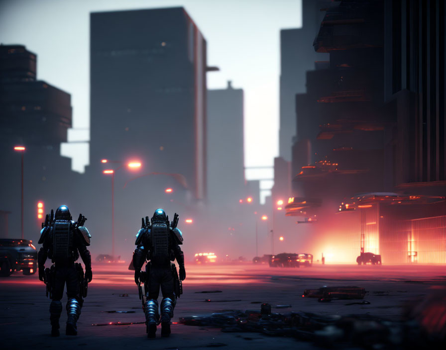 Futuristic soldiers in desolate urban landscape with red haze