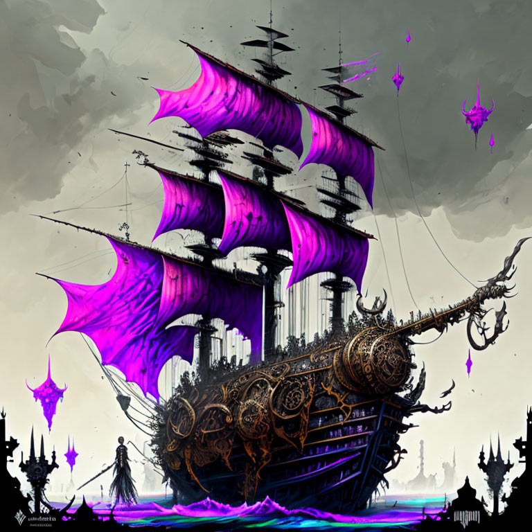 Fantastical ship with vibrant purple sails on mirror-like surface