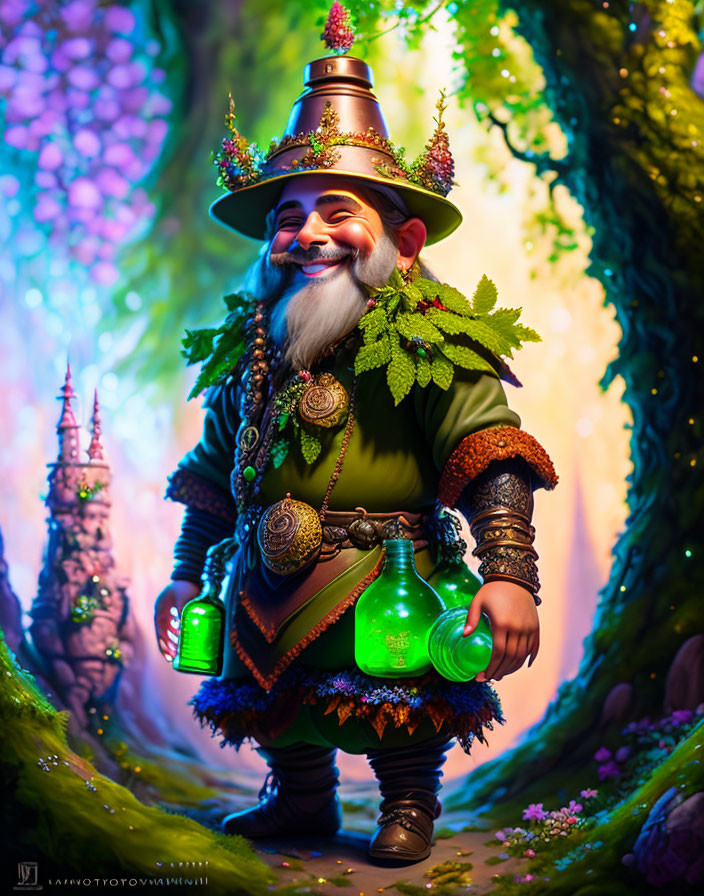 Fantasy dwarf character with lantern in enchanted forest