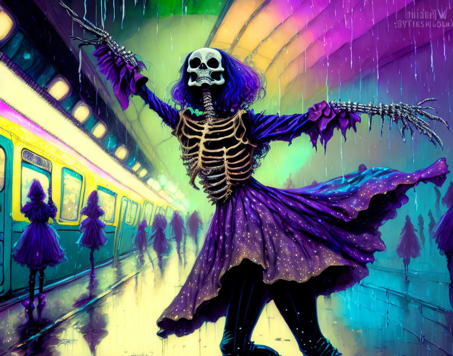 Skull-headed figure in cloak on vibrant rainy subway platform