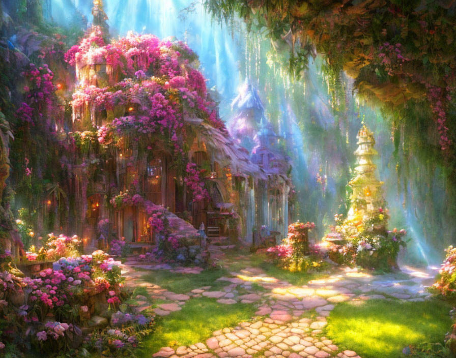 Fantasy garden with cobblestone path, wooden house, pink flowers, greenery, waterfalls