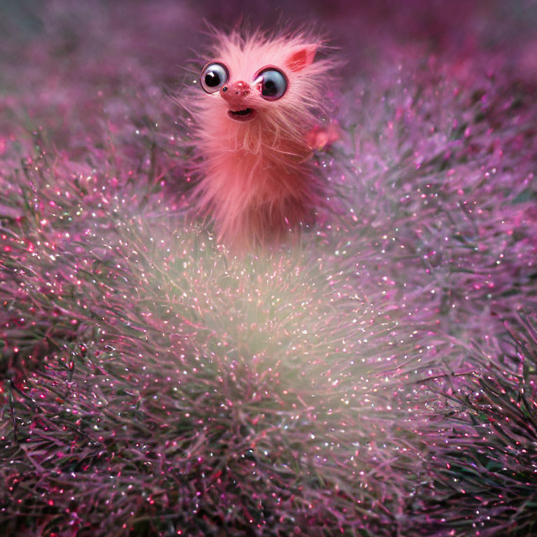 Fluffy Pink Creature with Sparkly Eyes in Purple Bristles
