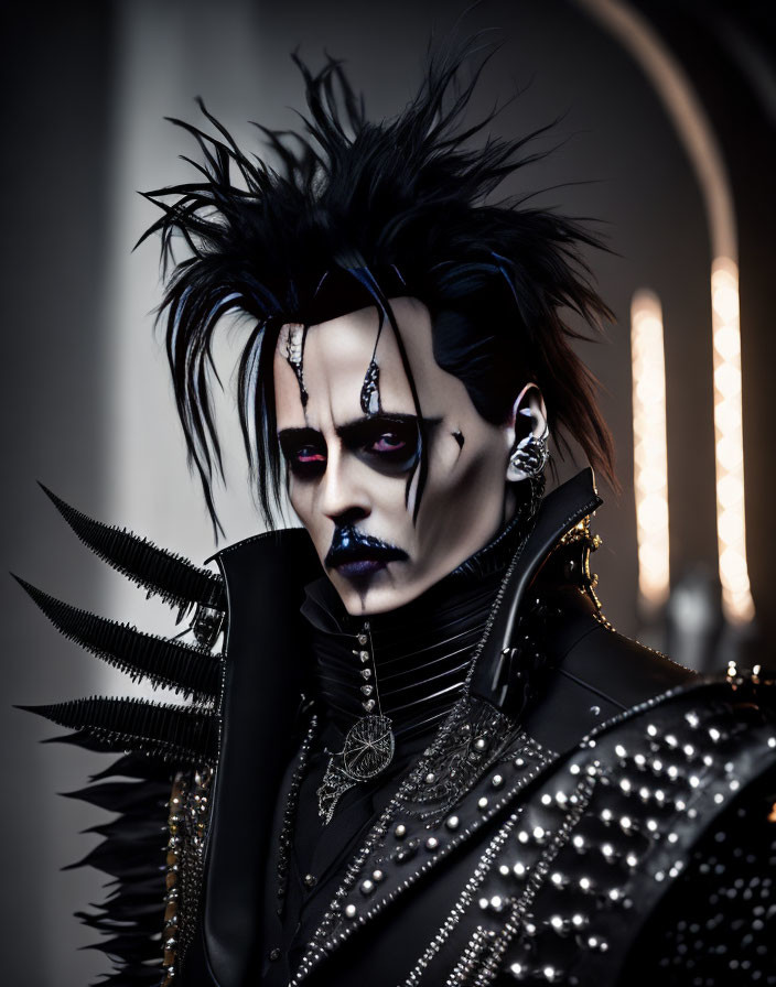 Dramatic gothic makeup, spiky hair, and edgy black attire with studs.