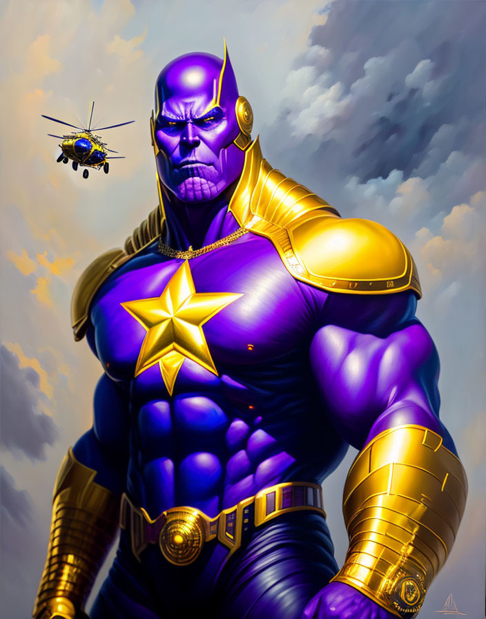 Purple-skinned character in gold armor under cloudy sky with helicopter.