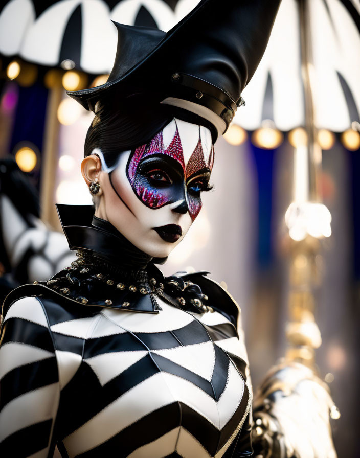 Dramatic black and white harlequin costume and makeup portrait