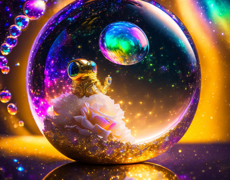Fantasy scene with transparent sphere, white flower, astronaut, bubbles, and glitter.