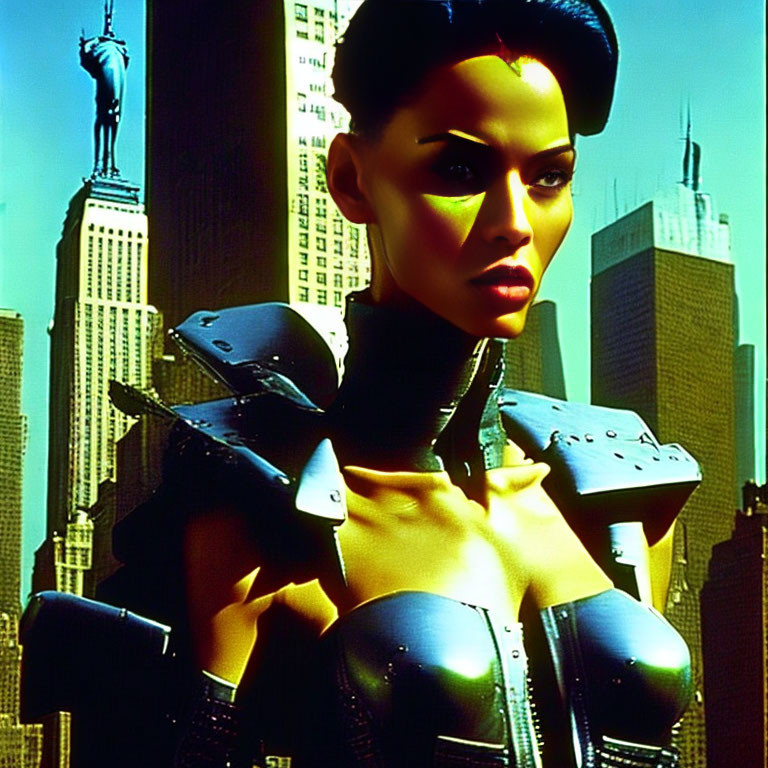 Futuristic armor-clad figure with skyscrapers and Statue of Liberty.