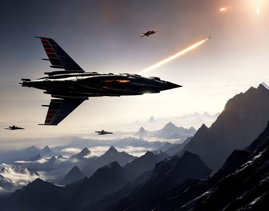 Futuristic fighter jets in high-speed flight over rugged mountains