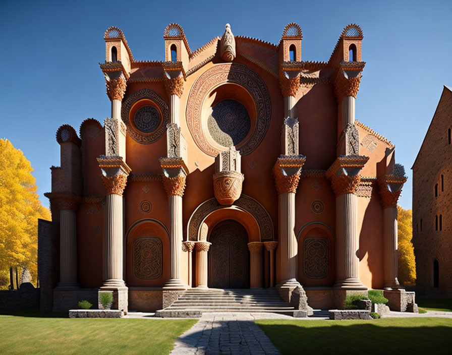Grand Cathedral Terracotta Facade with Arched Doorways and Circular Window