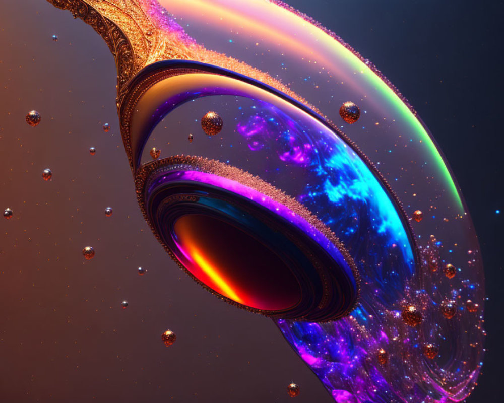 Vibrant cosmic digital artwork with swirling vortex and neon orbs