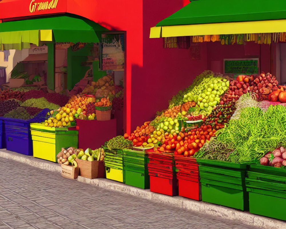 Vibrant fruit and vegetable market with colorful displays and red building