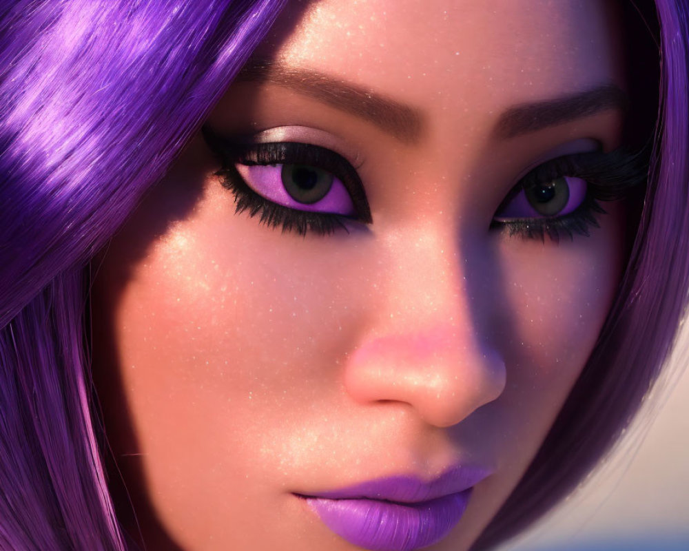 Detailed 3D animated character with purple hair and glowing skin