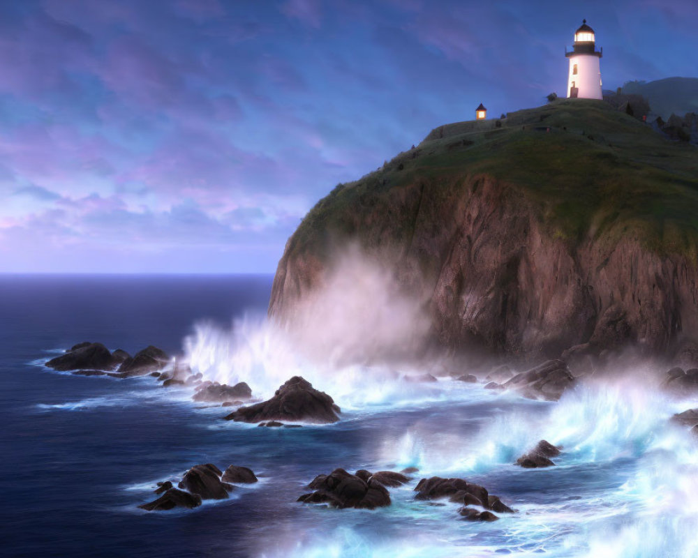Seascape with lighthouse, crashing waves, and bioluminescent water