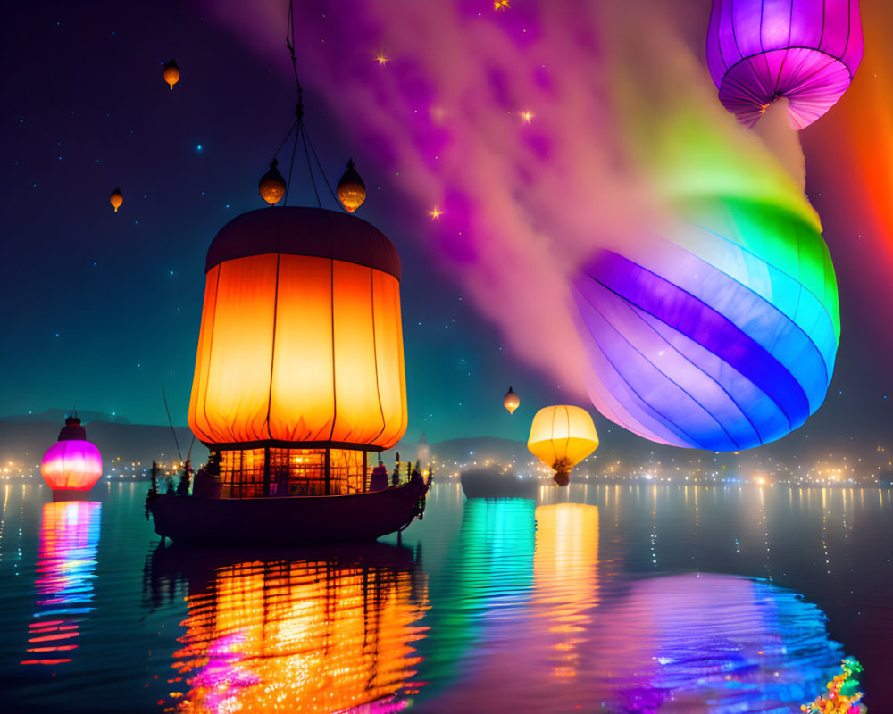 Colorful hot air balloons illuminate night sky above tranquil lake with boat, lanterns, and starlit