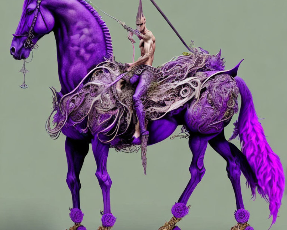 Purple Horse with Intricate Designs and Golden Accents Featuring Tiny Human Rider