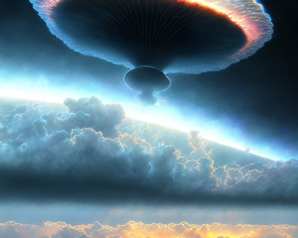 Futuristic spacecraft above Earth with glowing clouds