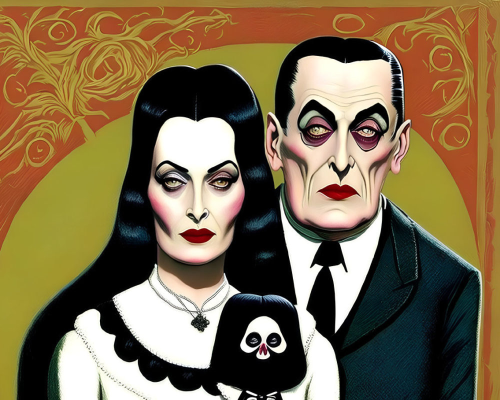 Gothic couple illustration with pale skin, dark hair, white collar, and black suit.