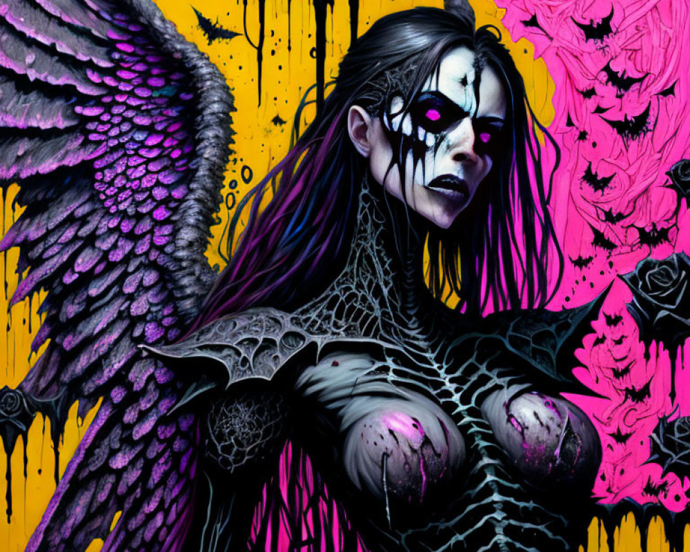 Colorful artwork: Skull-faced figure with dark angel wings in rose-filled scene