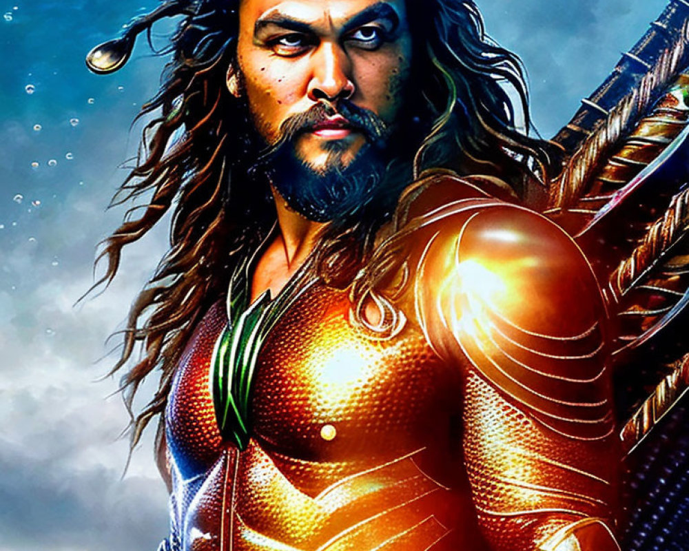 Muscular superhero in golden armor with long hair and beard in stormy setting