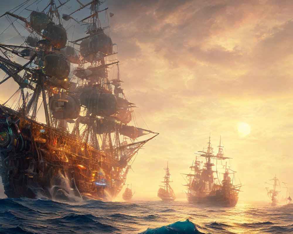 Historic sailing ships on golden sunset sea with dramatic sky