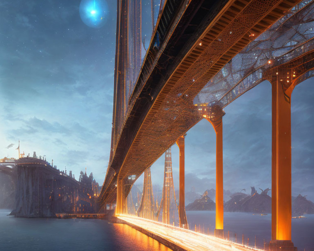 Luminous suspension bridge over water at twilight with starry sky and moon