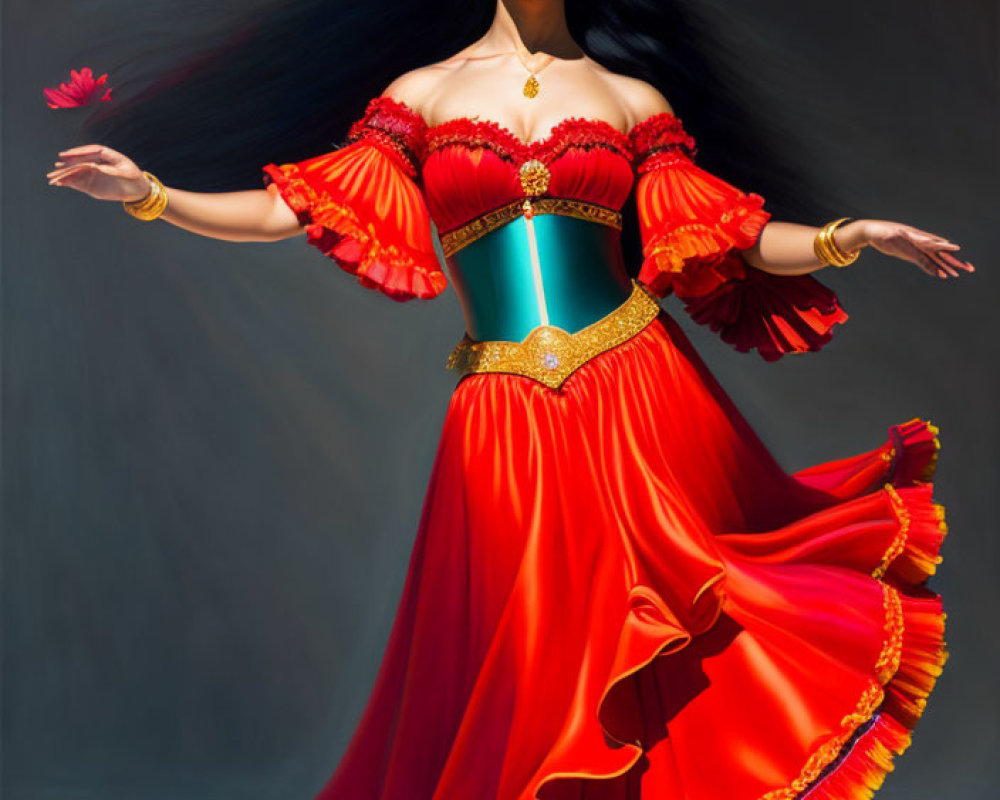Woman in Red and Gold Flamenco Dress Dancing with Flowers