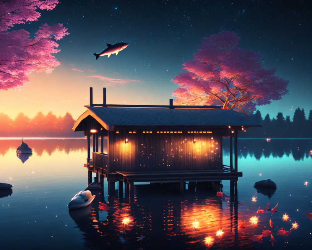 Twilight scene of illuminated wooden cabin on calm lake