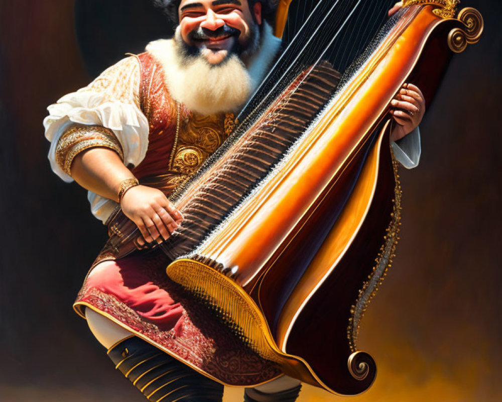 Renaissance figure playing large harp-like instrument on dark background