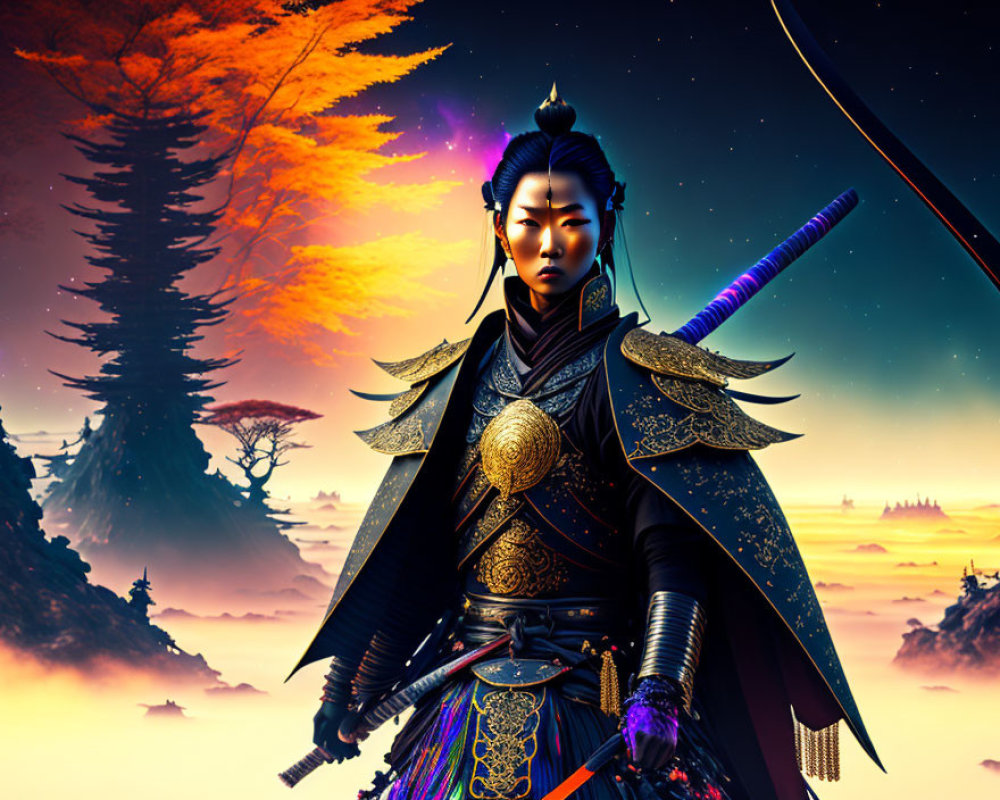 Digital artwork: Warrior woman in samurai armor in ethereal landscape