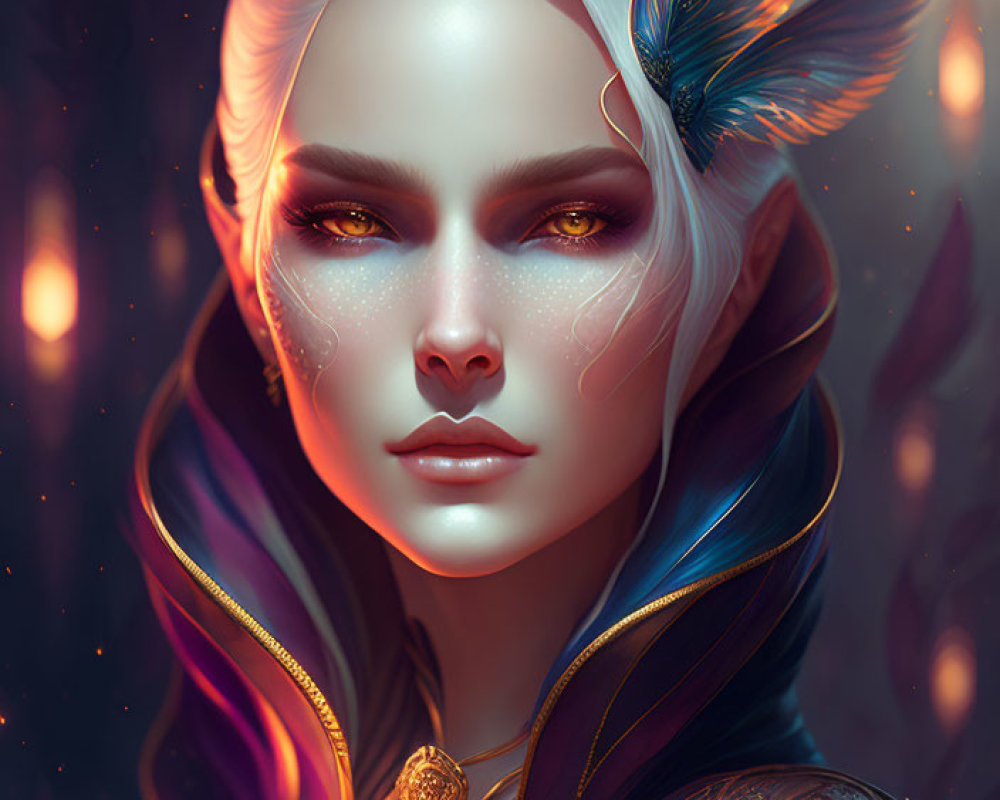 Fantasy illustration of a woman with white hair, pointed ears, glowing eyes, butterfly, ornate