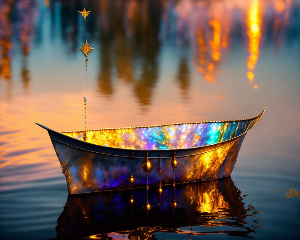 Metallic paper boat with colorful lights on tranquil water at twilight