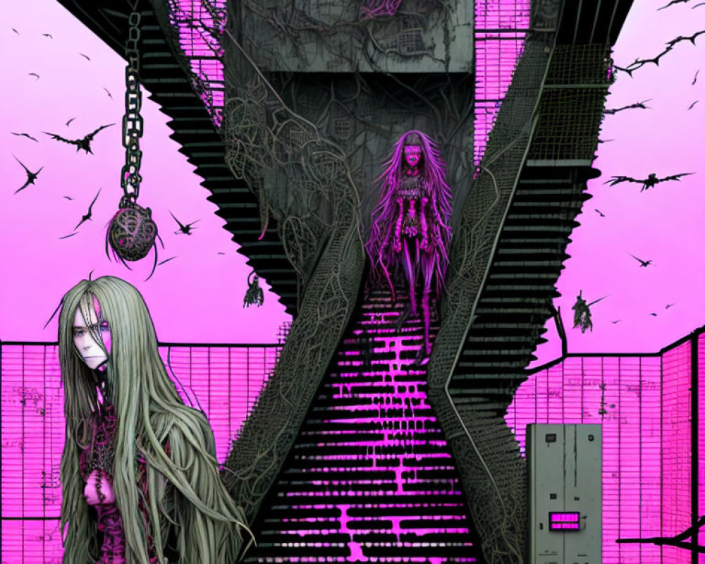Pale figure on staircase in pink and black setting with eerie branches and birds