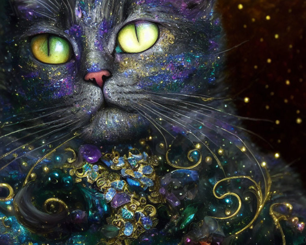 Cosmic-themed digital art of a starry fur cat resting among celestial orbs