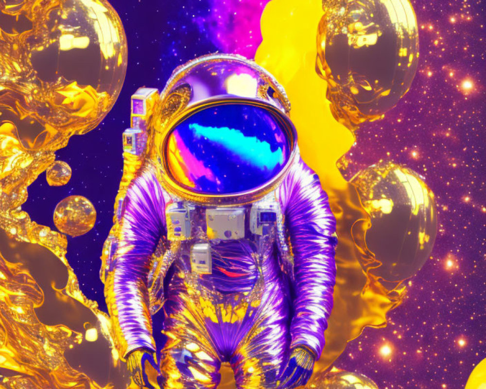 Surreal astronaut in silver suit with golden swirls and purple stars