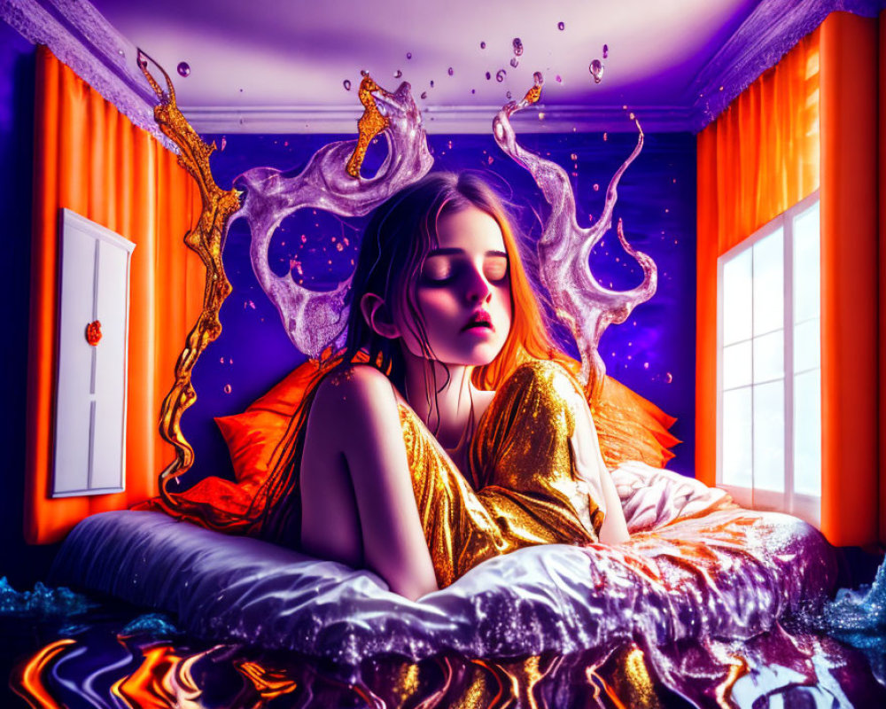 Woman in Golden Dress Surrounded by Water and Goldfish in Surreal Room