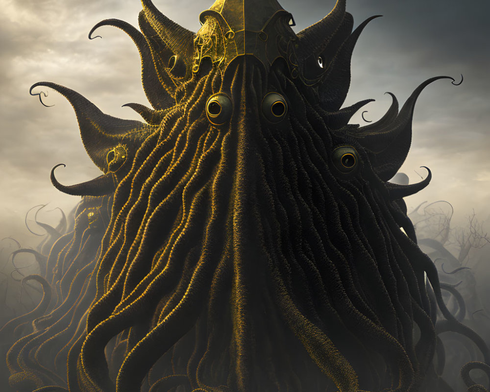 Mystical tentacled creature with multiple eyes and golden pyramid under cloudy sky