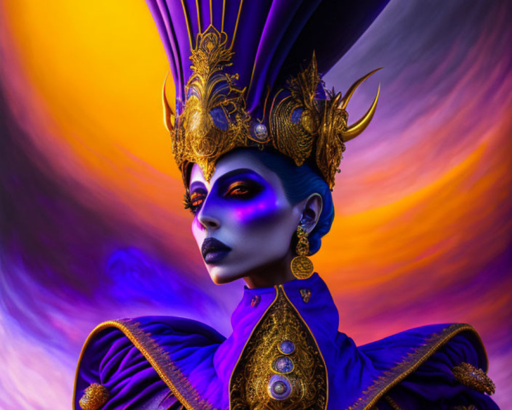 Regal attire portrait in purple and gold against swirling background