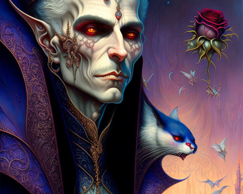 Regal vampire figure with pointed ears and blue weasel familiar.