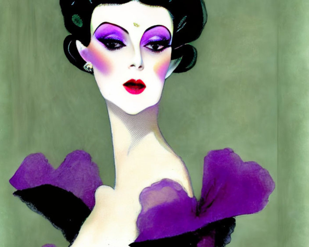 Stylized woman with exaggerated features in dark crown and purple dress