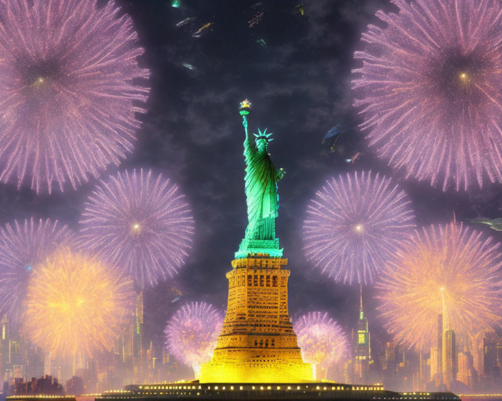 Iconic Statue of Liberty with fireworks, city skyline, and UFOs at night