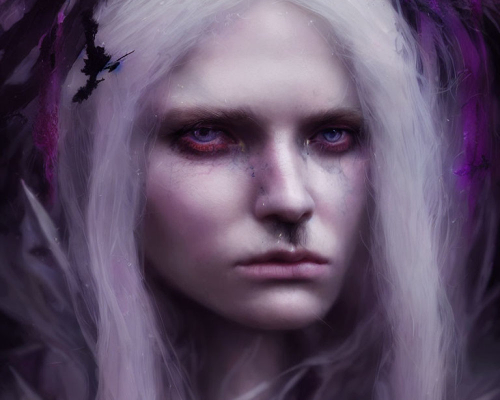 Mystical figure with red eyes, pale skin, white hair, and purple accents
