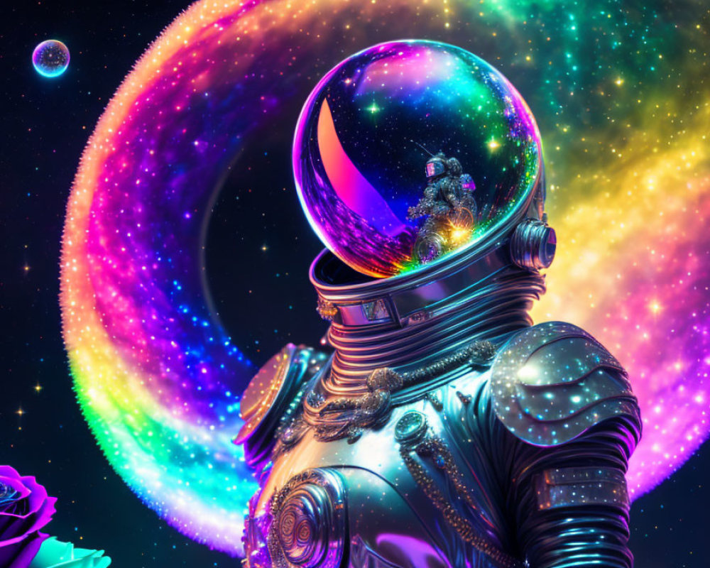 Colorful Astronaut Helmet Reflects Cosmic Galaxies in Neon Space Scene
