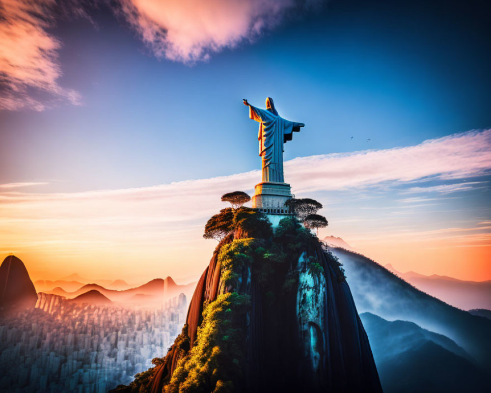 Iconic Christ the Redeemer Statue at Sunrise in Rio de Janeiro, Brazil