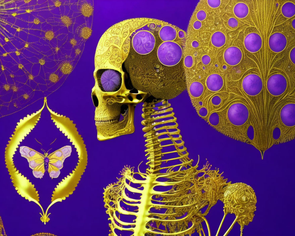Golden skeleton with ornate skull on purple background and intricate golden patterns
