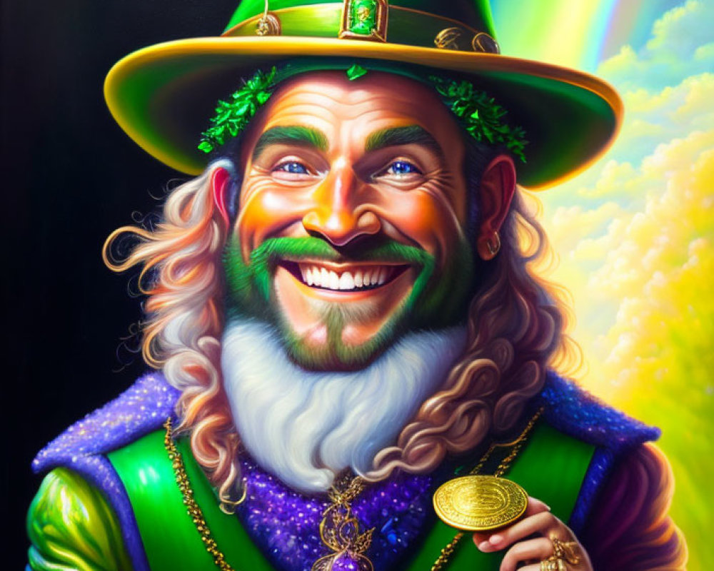 Colorful Leprechaun Illustration with Gold Coin and Rainbow