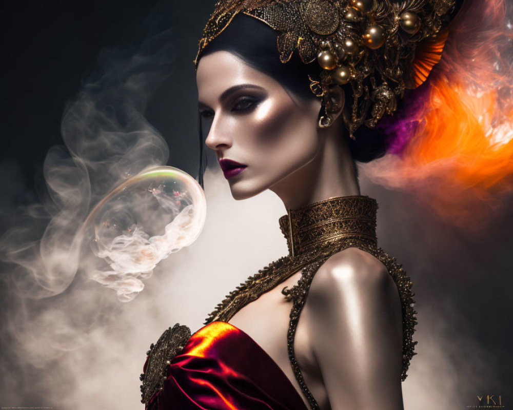 Woman with striking makeup and golden headpiece beside iridescent bubble and colorful smoke