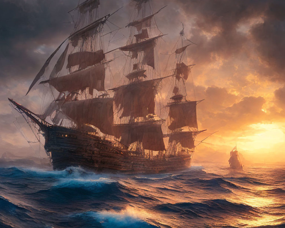 Majestic tall ship sailing turbulent seas at sunset