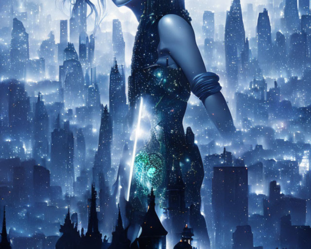 Warrior woman with wings and sword in futuristic cityscape at night