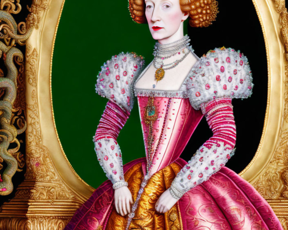 Portrait of a woman styled as Queen Elizabeth I with red hair, crown, and 16th-century